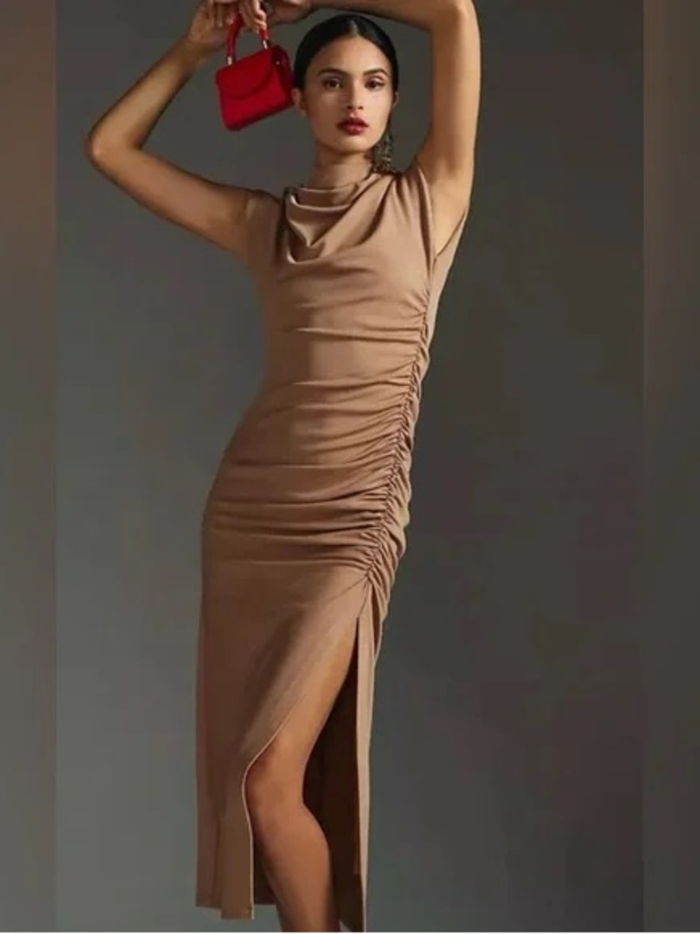 Anthro Maya Ruched Midi Dress 🤎 Sculpted Minimal Chic XS
